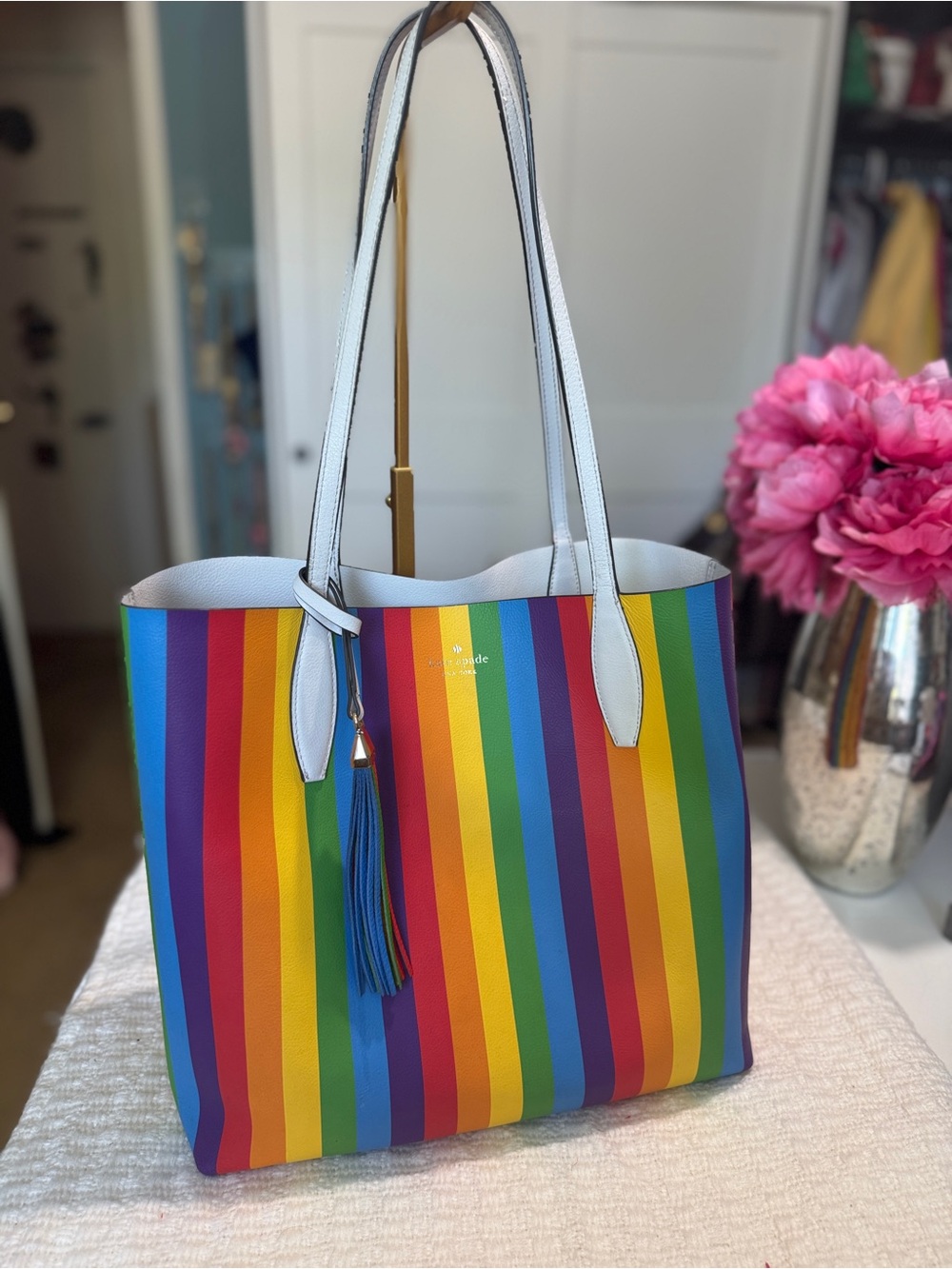 kate spade Multicolor Rainbow Stripe Leather Tote with White Handles